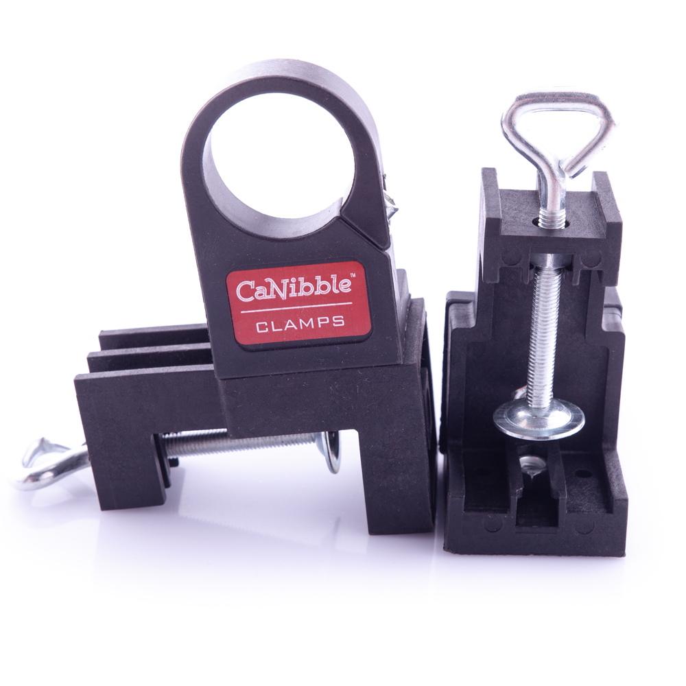 Two CaNibble clamps, one showing it's mounting mechanism.