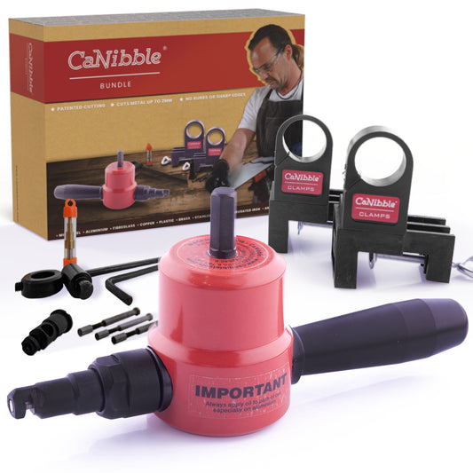 The CaNibble bundle includes everything you need to easily cut sheet metal. Including a CaNibble nibbler, or sheet metal tool. Bench mounting clamps. A straight and circle cutting attachment, and replacement punches and a die. The CaNibble has it all.