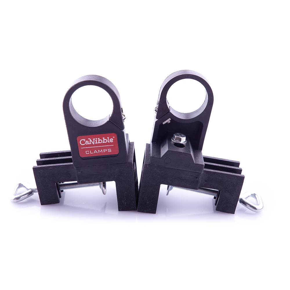 Two CaNibble bench mounting clamps showing opposing sides of the product.
